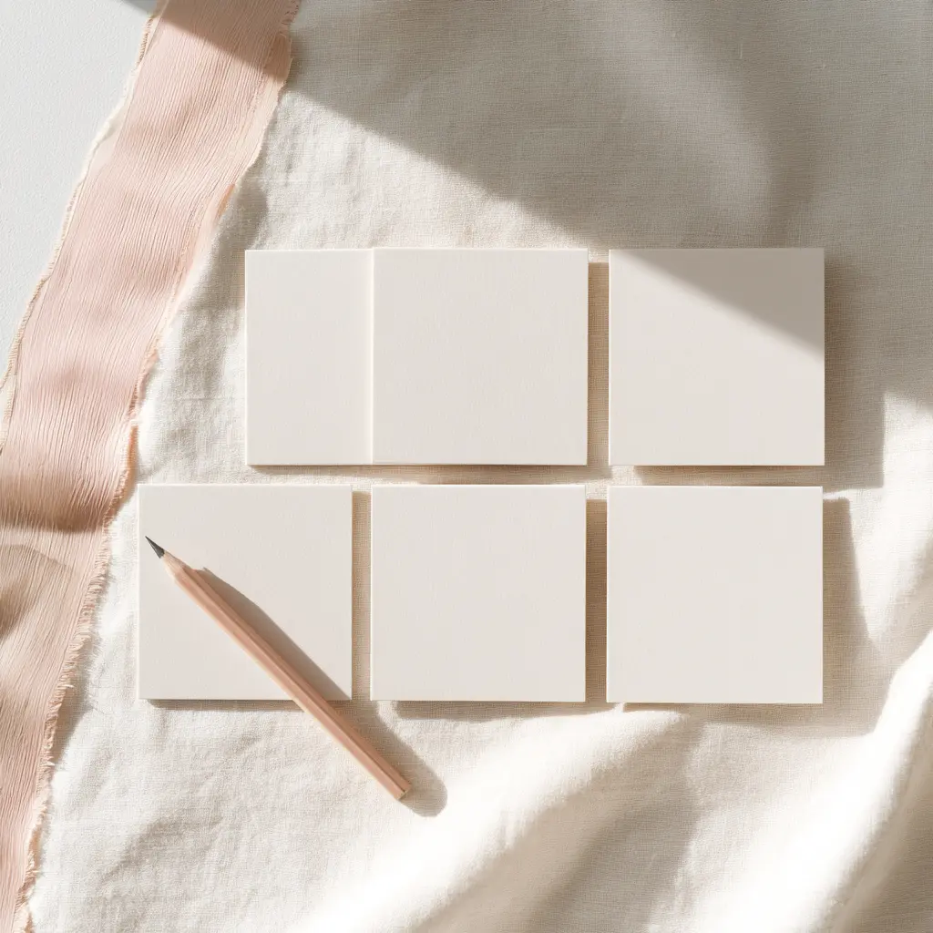Six blank square template cards laid out in a grid on a linen surface with a colour swatch strip and a pencil resting alongside