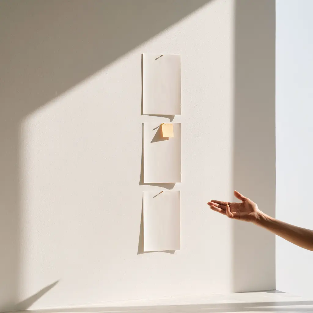 Five blank printed page layouts pinned in a column on a pale wall with one marked by a small ochre tab, showing a drop off review