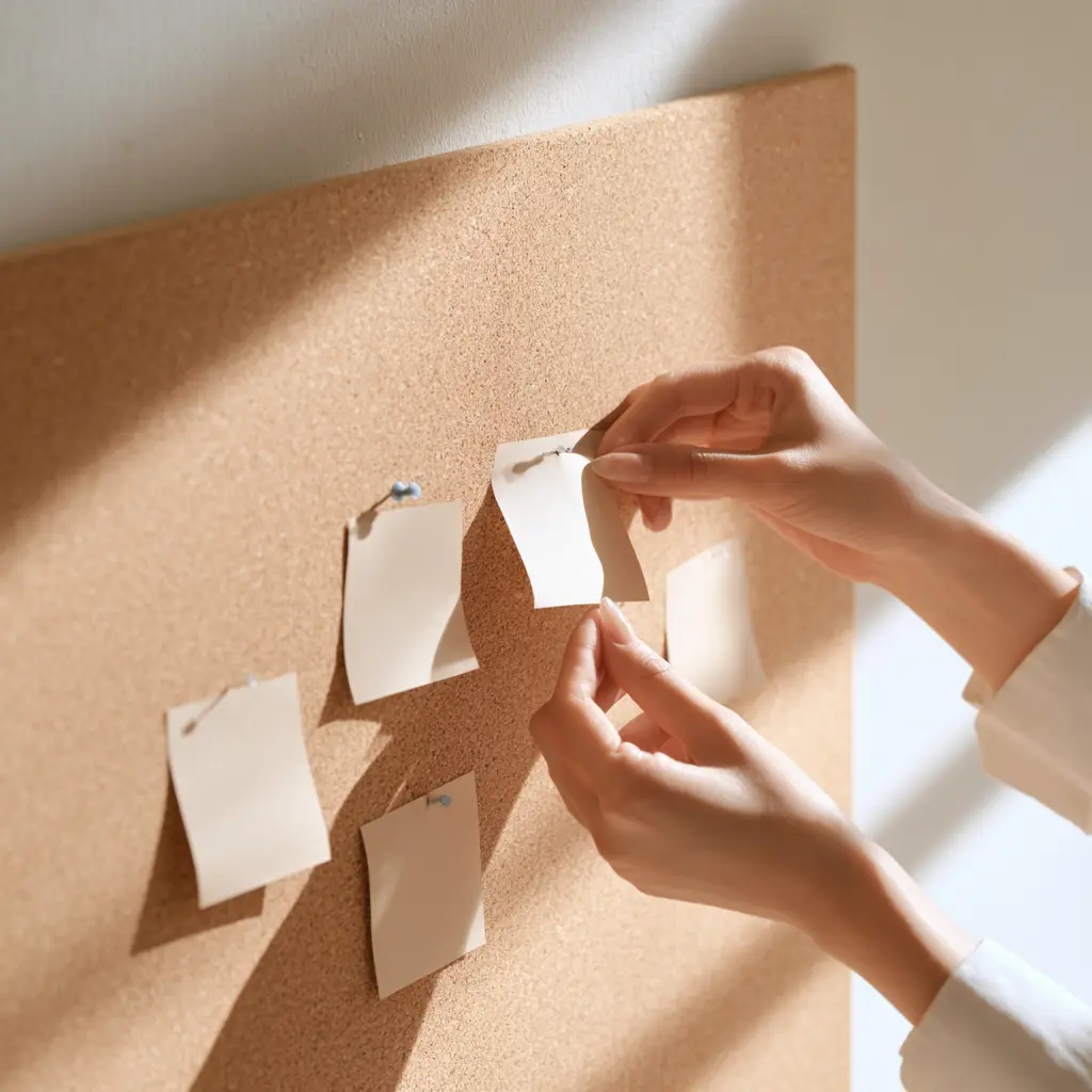 A wooden community noticeboard on a pale wall pinned with rows of small blank cards, with a hand pressing a drawing pin into one of them