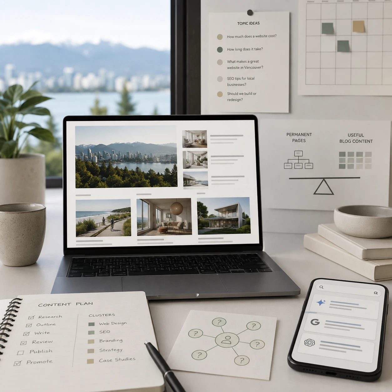 Business blog content plan for a Vancouver small business with website articles, search topics and AI visibility research.