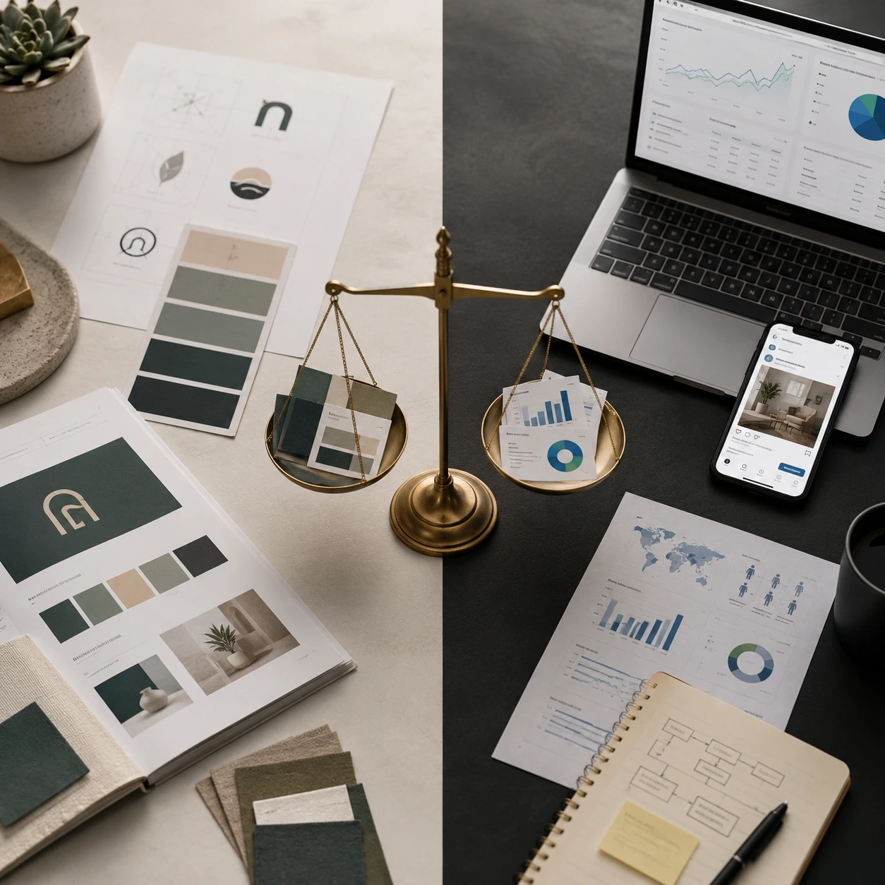 Branding vs marketing comparison showing small business brand identity assets beside digital marketing analytics and campaign data.