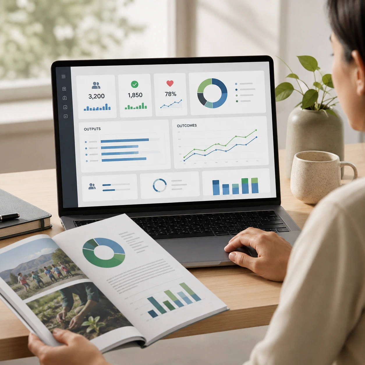 Nonprofit impact dashboard showing outputs, outcomes and reporting metrics beside an annual report for clearer grant reporting.
