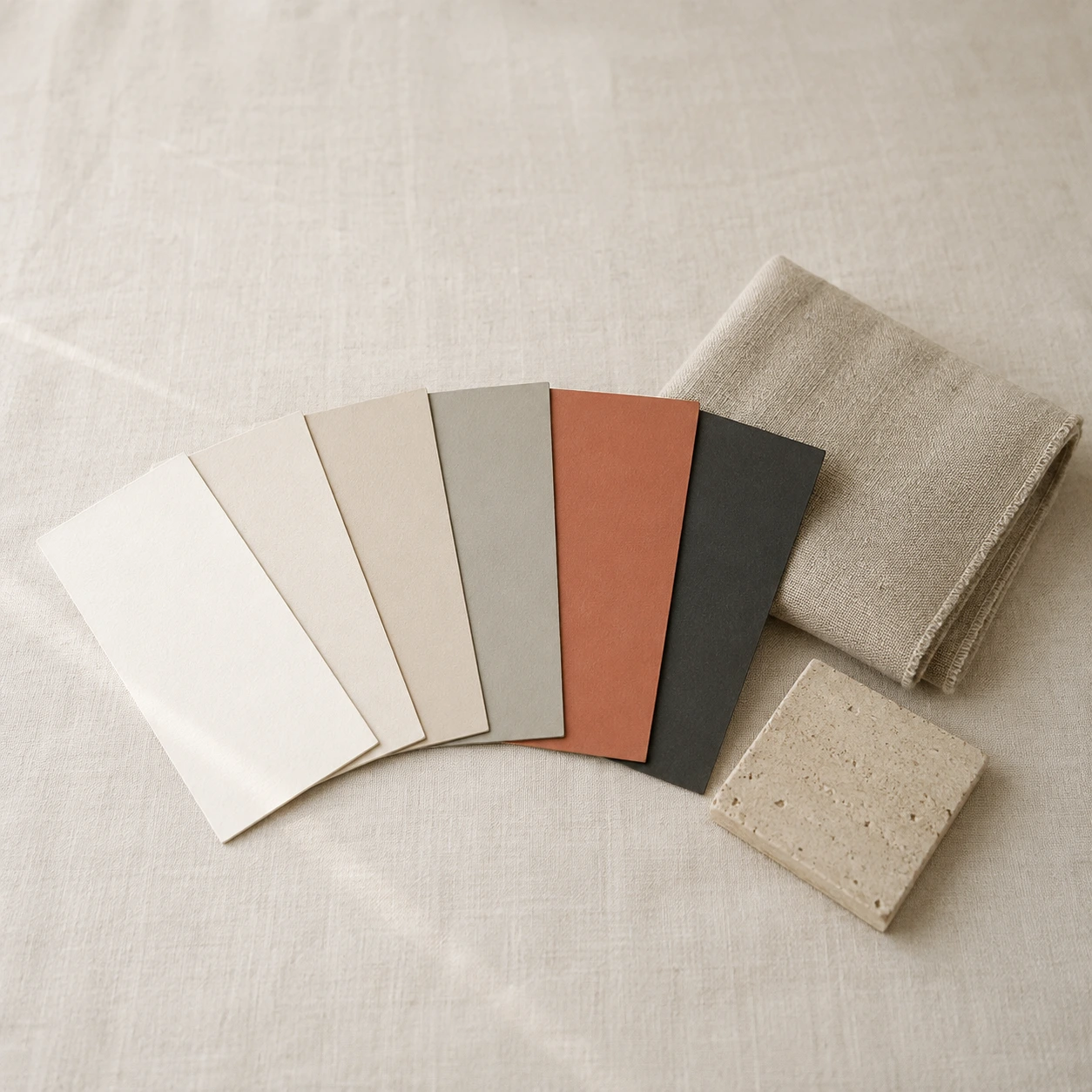Overhead view of paper colour swatches, a fabric square and a folded card laid out as a small brand identity kit on a linen surface.