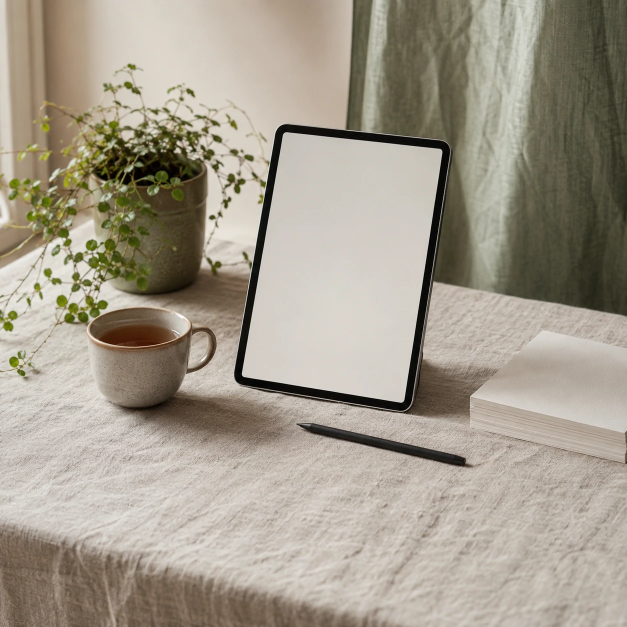 A tablet propped on a linen-covered desk beside a pen, a cup of tea and a small potted plant, set up to take event sign-ups.