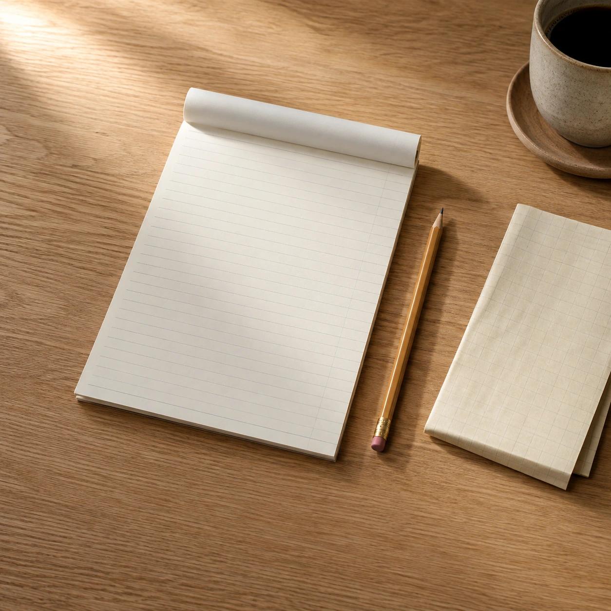 Overhead view of a blank ruled notepad, a pencil and a folded sheet of grid paper on an oak desk, laid out for planning a site move.