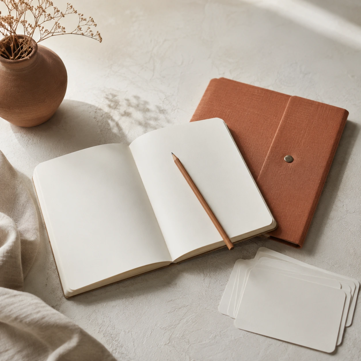 An open blank notebook and a linen folder on a light desk in soft daylight, set up for planning how AEO and SEO work fits an existing weekly routine.