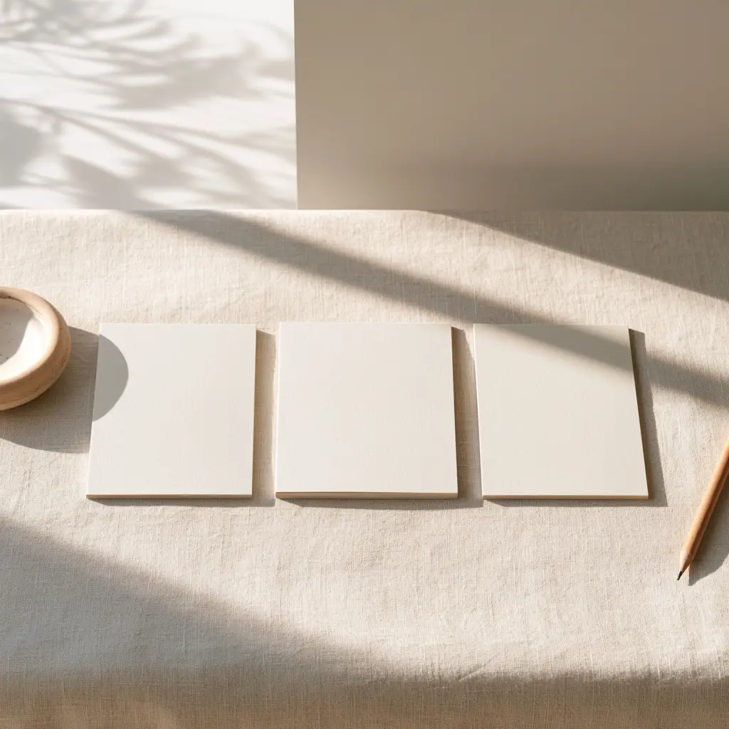 Overhead view of four blank matte cards in a row on natural linen with one turned face down, evoking what an AI brand monitoring tool tracks.