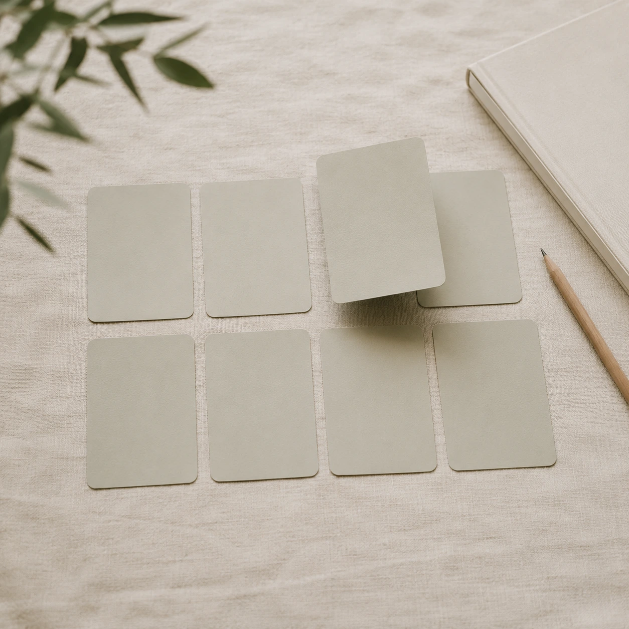 Overhead view of matte cards laid in even rows on natural linen with one lifted, evoking the best AI search visibility tools set side by side.