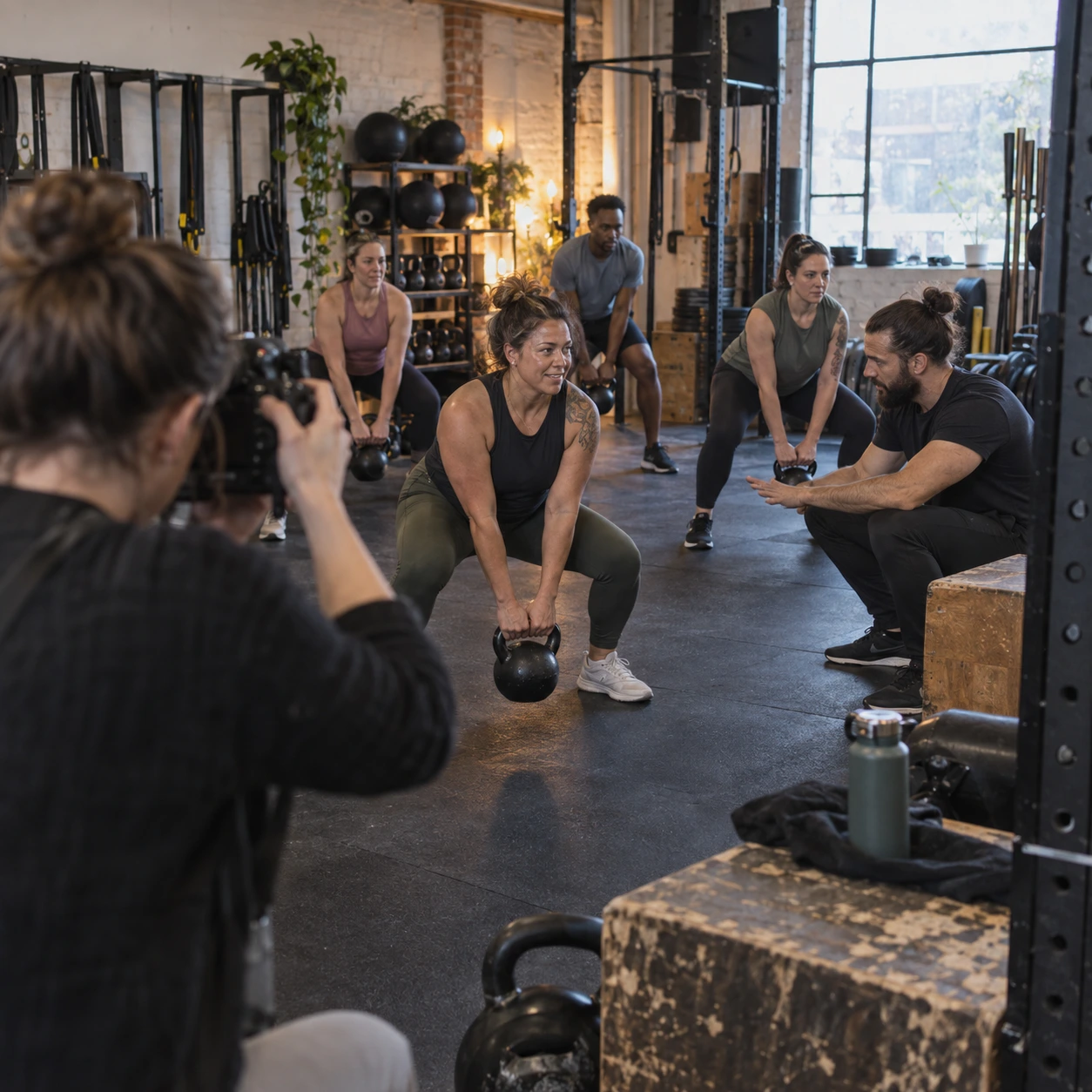 Photographer captures a coach leading a diverse group workout for authentic fitness studio website photography