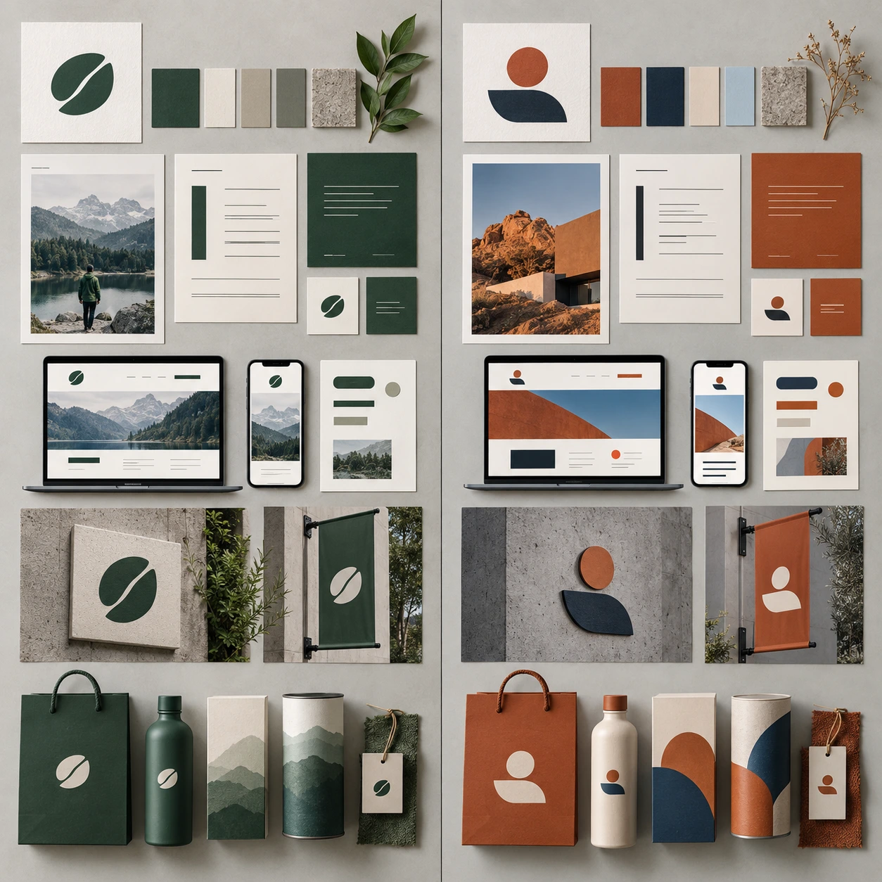 Two brand design boards compare retained visual elements in a brand refresh with a completely redesigned identity system