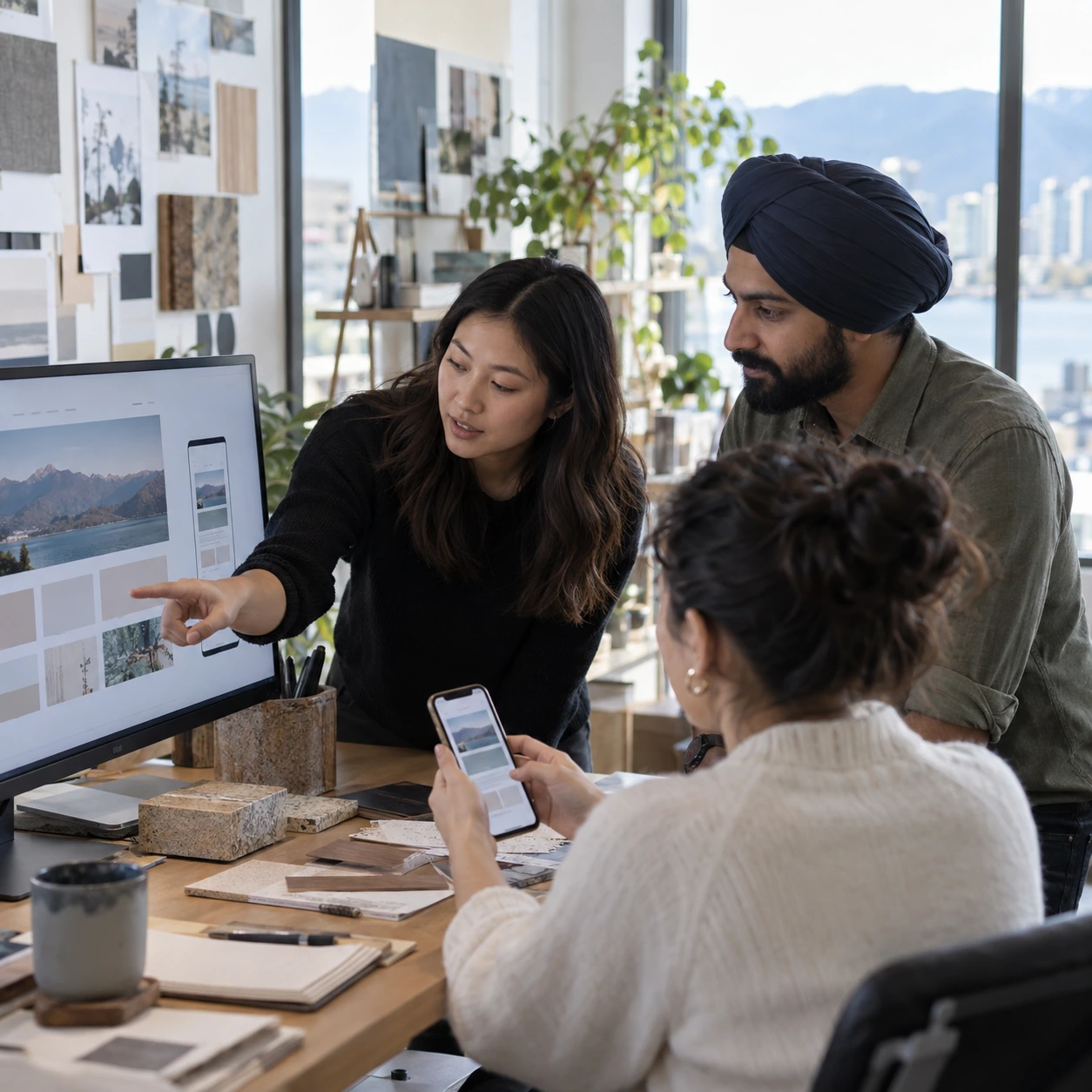 A Metro Vancouver design team reviews desktop and mobile layouts while planning an accessible multilingual website