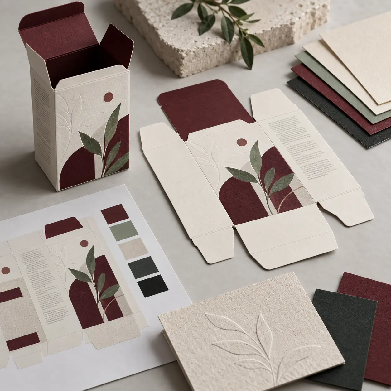 Folding carton, dieline, colour proof and paper samples showing the anatomy of product packaging design in Canada.