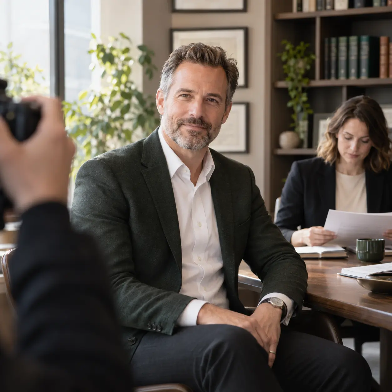Professional adviser photographed for a website biography while a colleague reviews credentials and other trust signals.