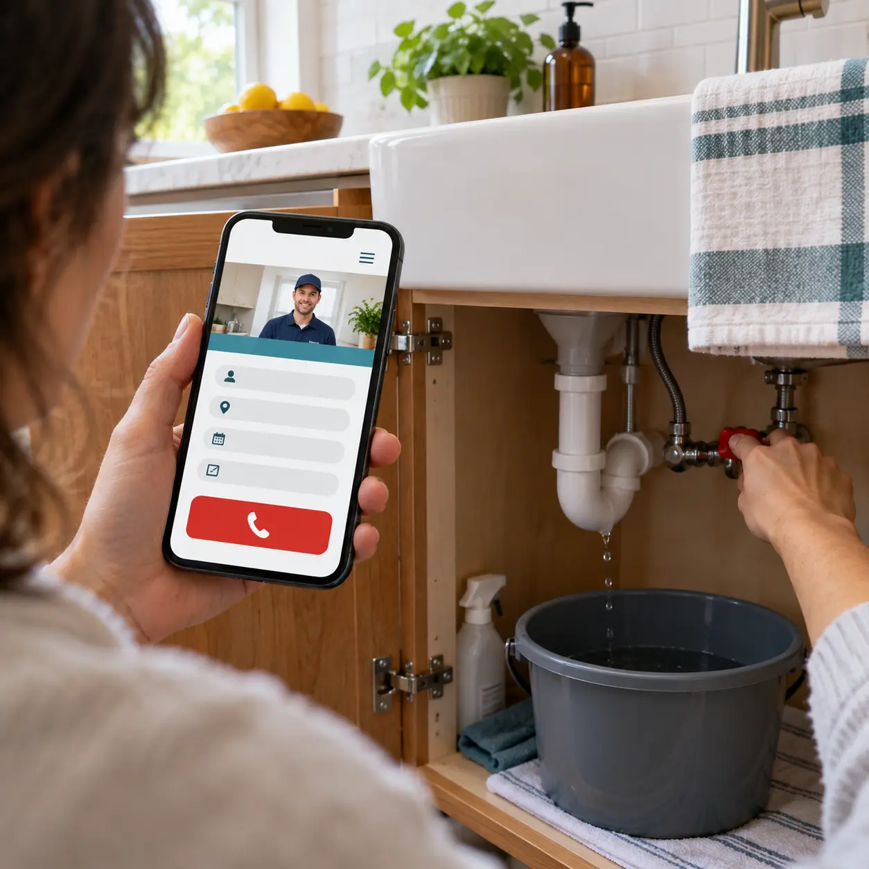 Homeowner using a mobile contractor website to call for help while containing a leaking pipe beneath a kitchen sink.