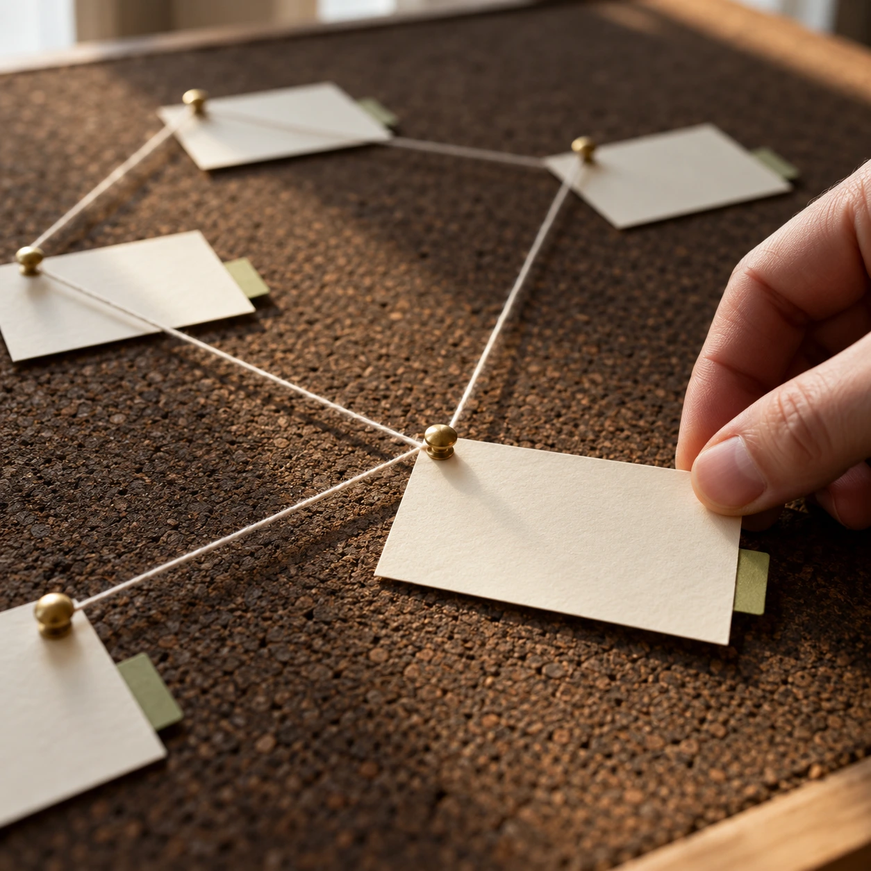 A hand places a blank source card among cream cards connected by cotton thread and brass pins on a cork research board.