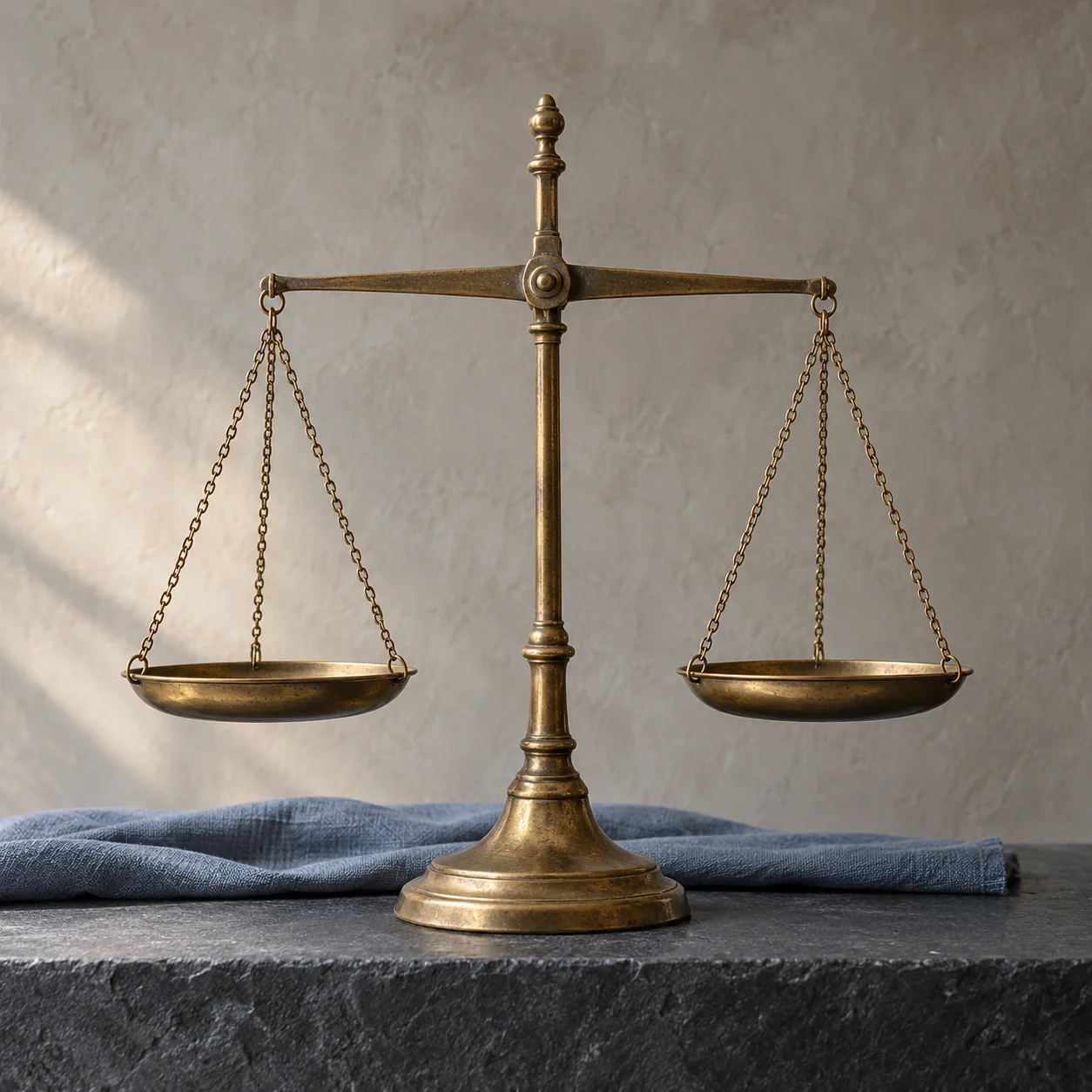 An antique brass balance scale holds two empty pans level above a slate base, illustrating equal criteria for comparison lists.