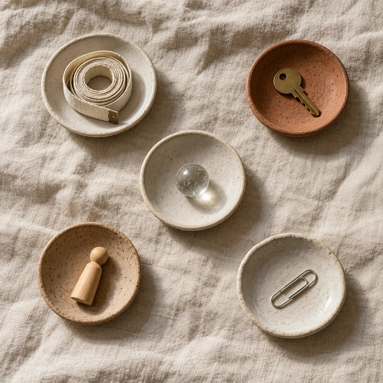 Five ceramic dishes holding different objects on linen illustrate the five distinct jobs in a ChatGPT SEO tools workflow.