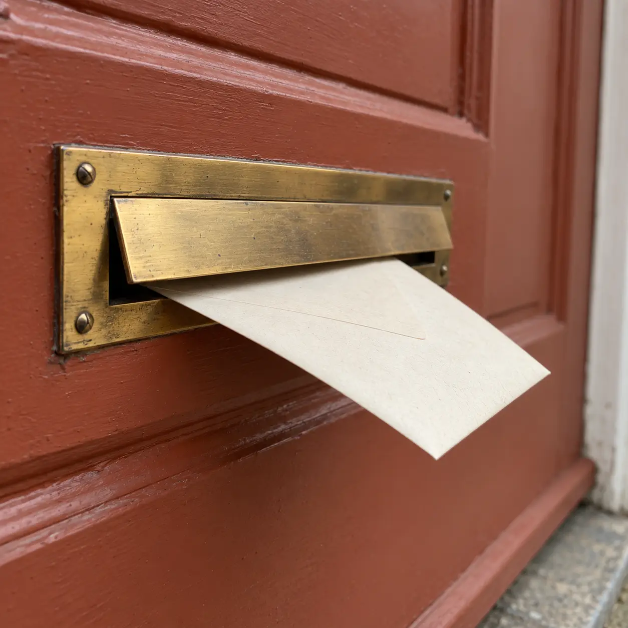An unmarked cream envelope projects from a brass letter slot in a terracotta-painted door, illustrating a customer announcement.