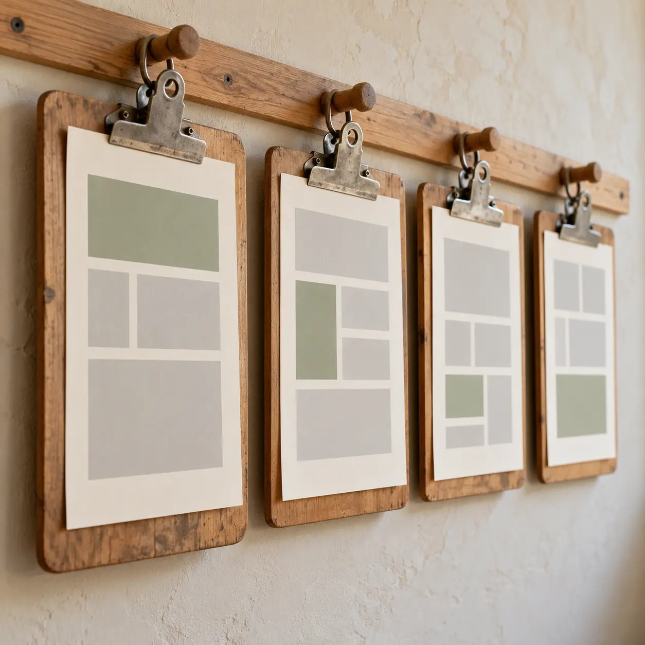 Four wooden clipboards display different grey and sage page layouts on a peg rail, illustrating nonprofit audience planning.