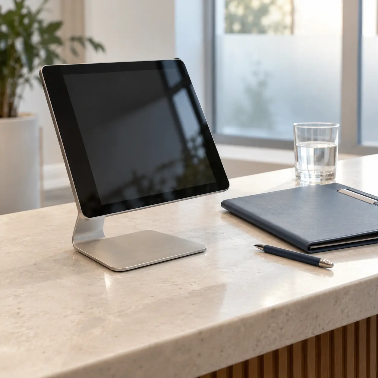 A blank check-in tablet stands on a clinic counter beside a closed blue clipboard, a pen and a clear glass of water.