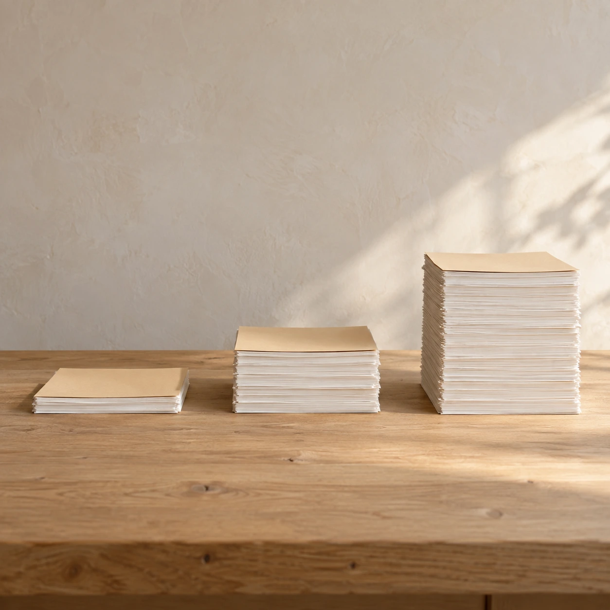 Three stacks of blank cream paper increase in height across an oak workbench, each topped with a pale ochre divider sheet.