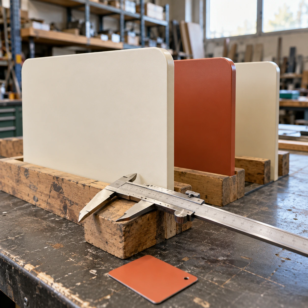 Matching ivory and terracotta sign panels in a workshop illustrate franchise branding standards, with a caliper nearby.