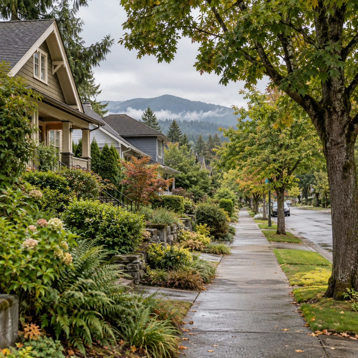 A tree-lined sidewalk passes modest homes and lush front gardens, with misty wooded hills beyond the quiet residential street.