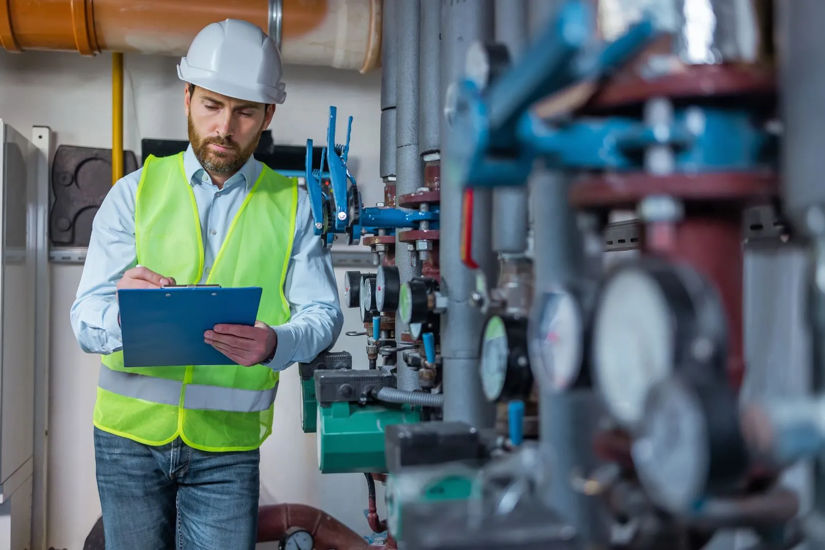 Employee with hard hat and yellow vest and a clipboard reviews industrial refrigeration piping for code compliance