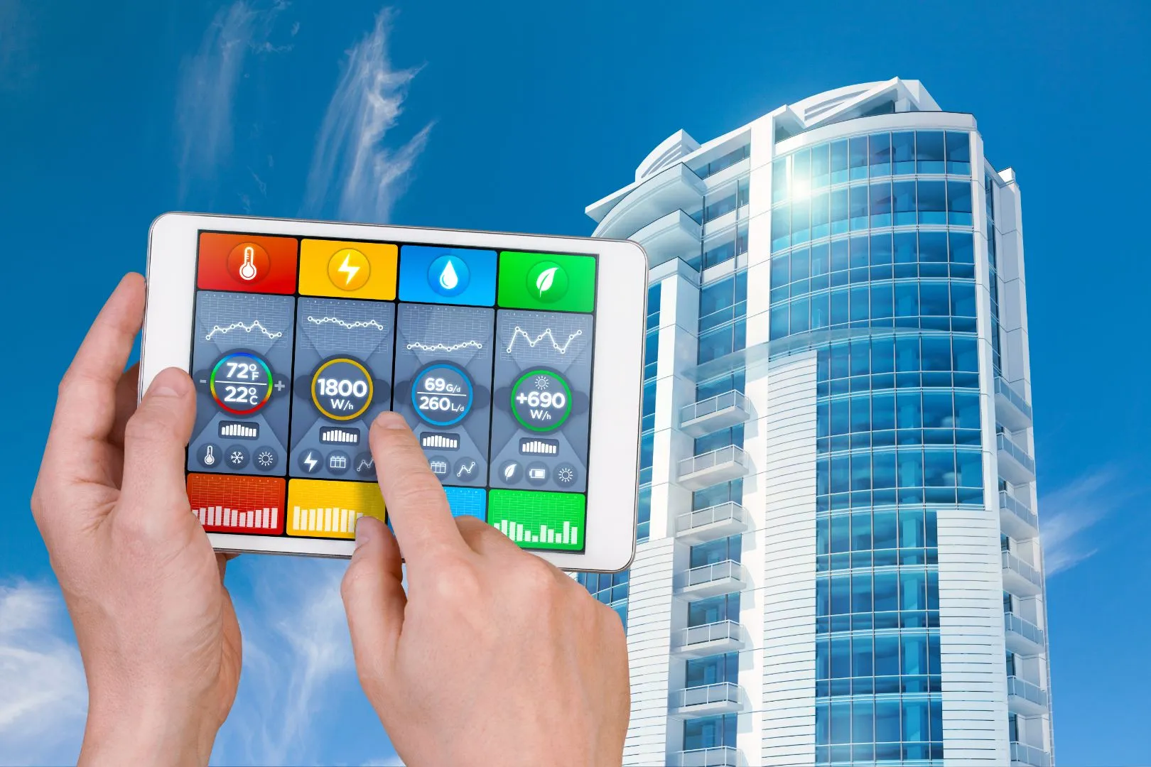 Tablet showing a building control dashboard