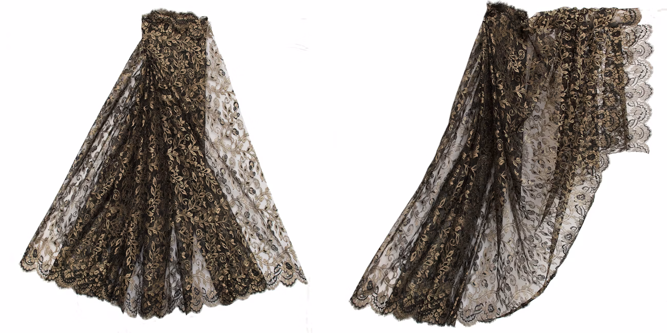 Img. 1: Lace Saree (Black). Woven, metal wrapped with gold color yarn (zari). L 283 x W 113 cm (111.4 x 44.5 inches). 1996. Chantilly, France. TAPI Collection, India