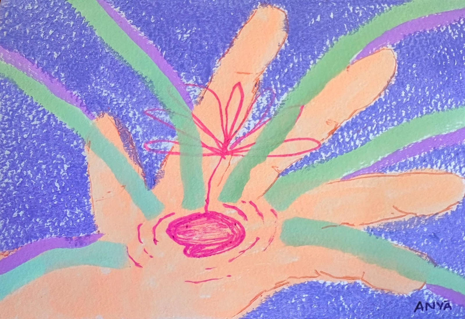 A stylized hand on a textured purple background radiates green and purple beams, with a bright pink flower-like line drawing blooming from its palm.