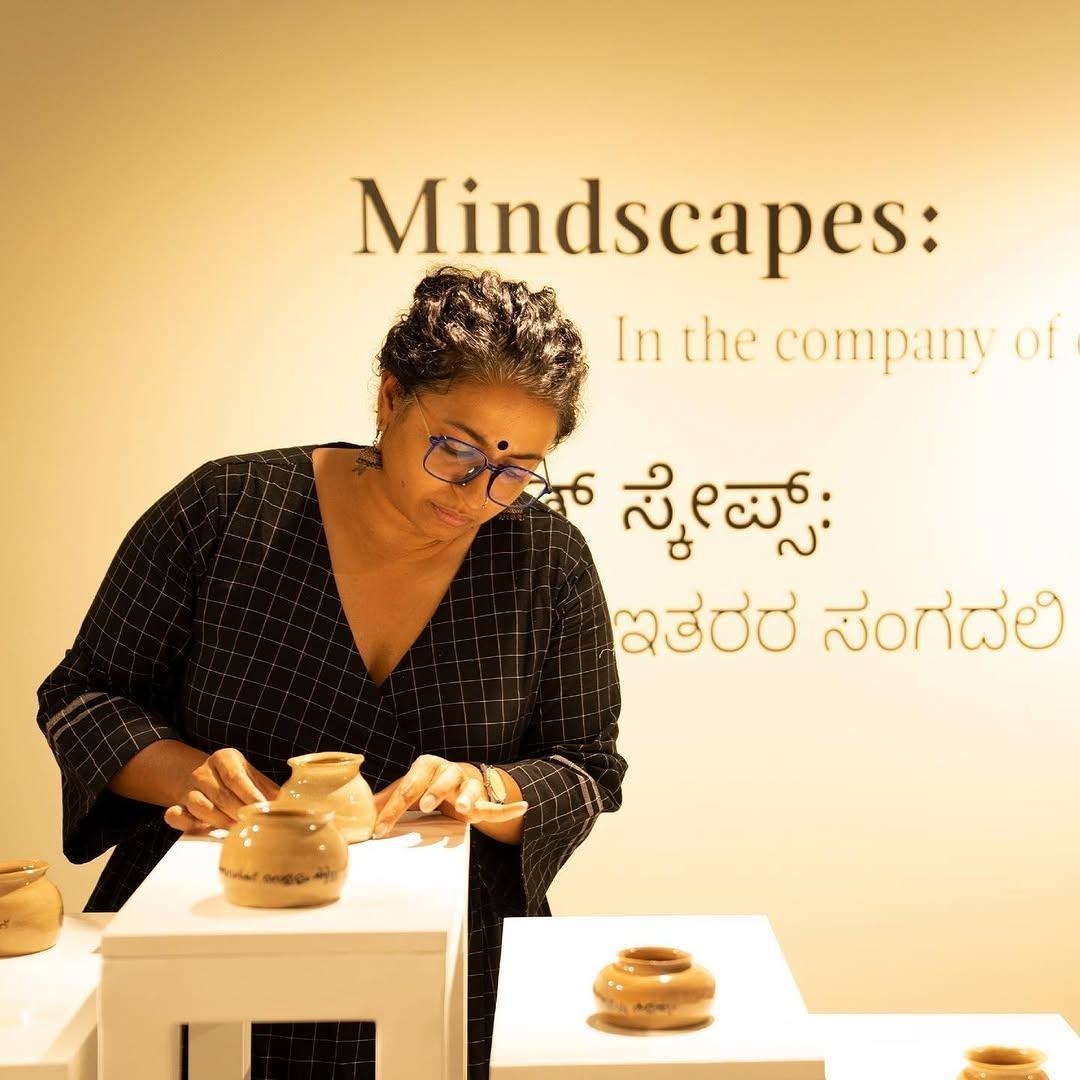 Indu Antony displaying her sculptures in one of her exhibitions