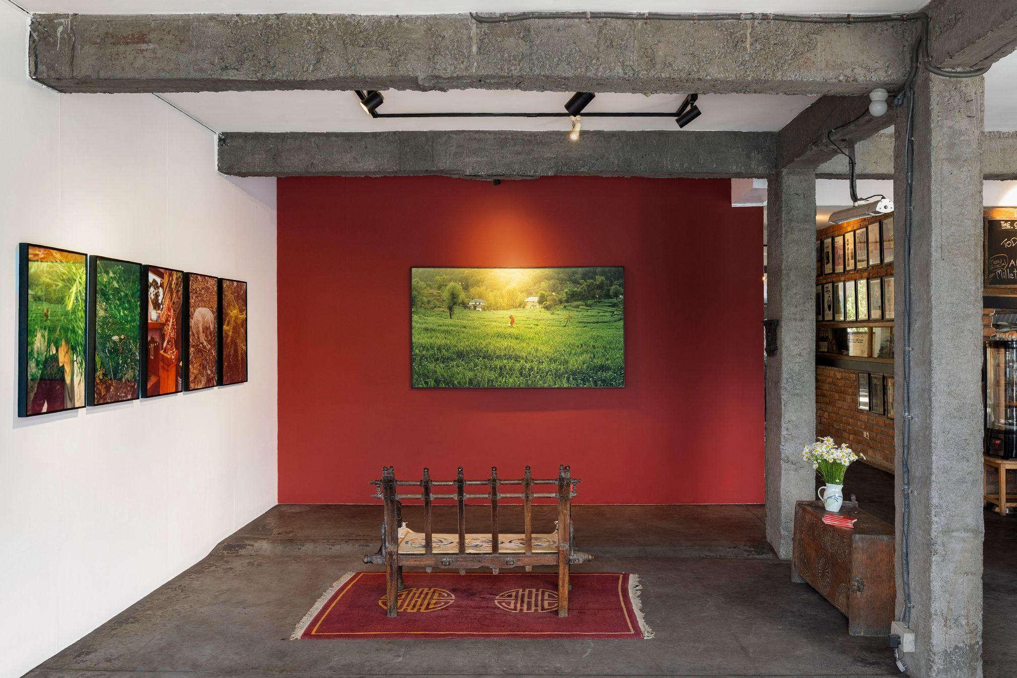 6 images from an ongoing travelling gallery exhibition. Woman in field. 5 images denoting aspects of womanhood on the left wall.