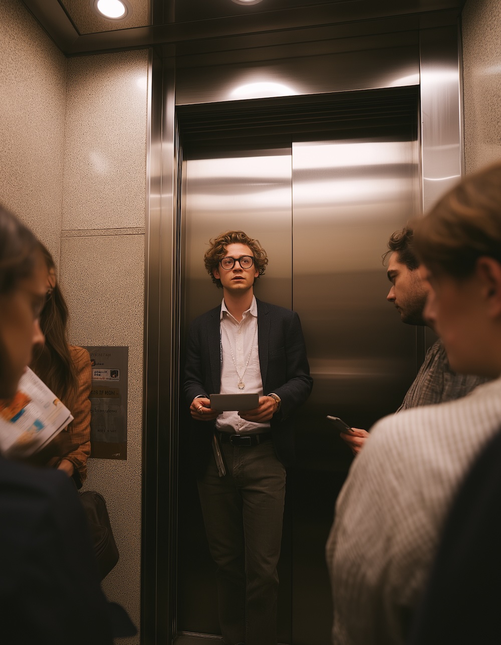 A arts organization leader waits against the door at the front of an elevator. People wait opposite him in the foreground. 