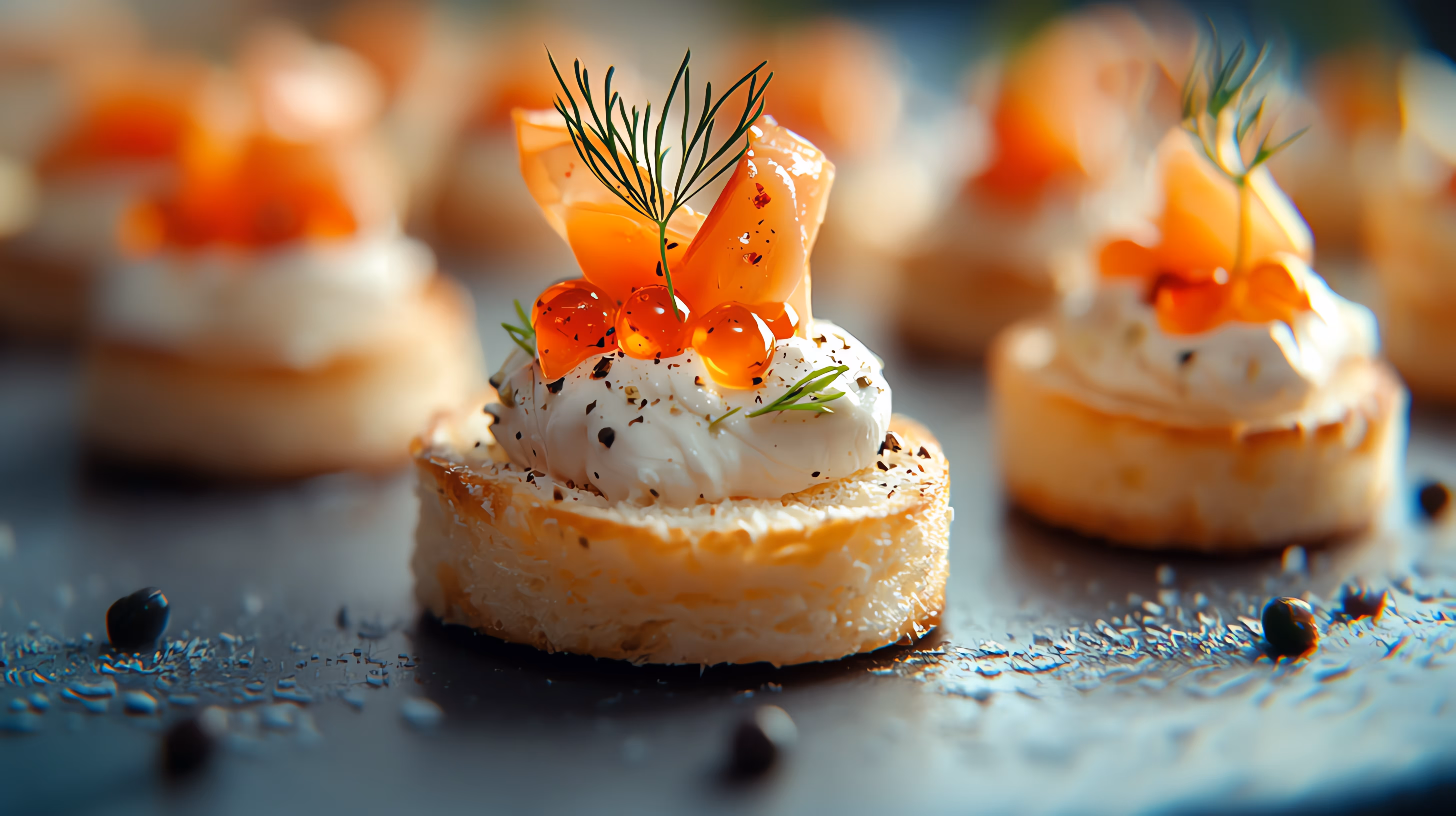 Smoked salmon canapé with cream and dill by Exquisite Delites, premier Atlanta catering.