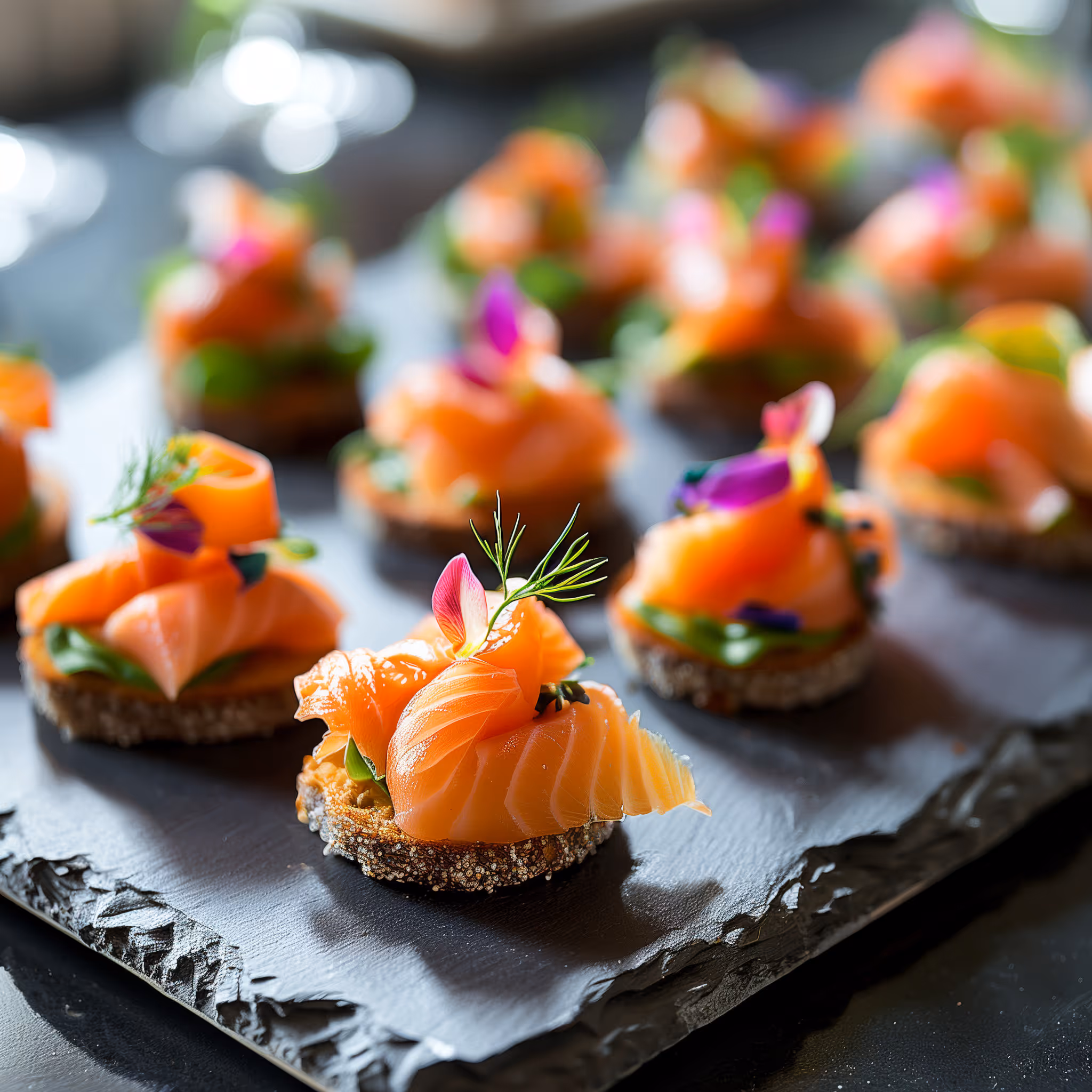 Smoked salmon canapés with herbs and edible flowers by Exquisite Delites, Atlanta.
