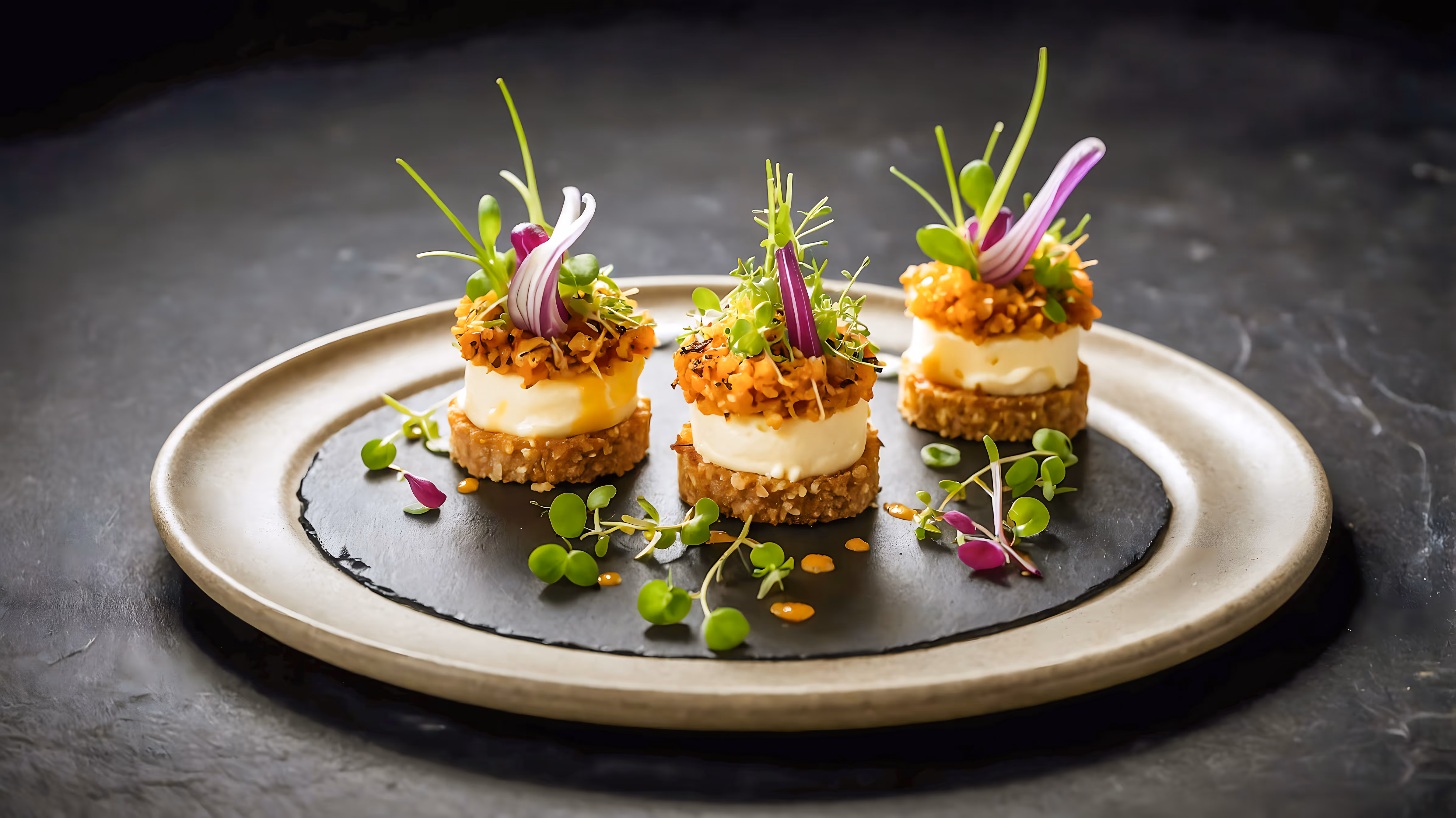 Elegant herb-topped hors d’oeuvres by Exquisite Delites, luxury catering in Atlanta.