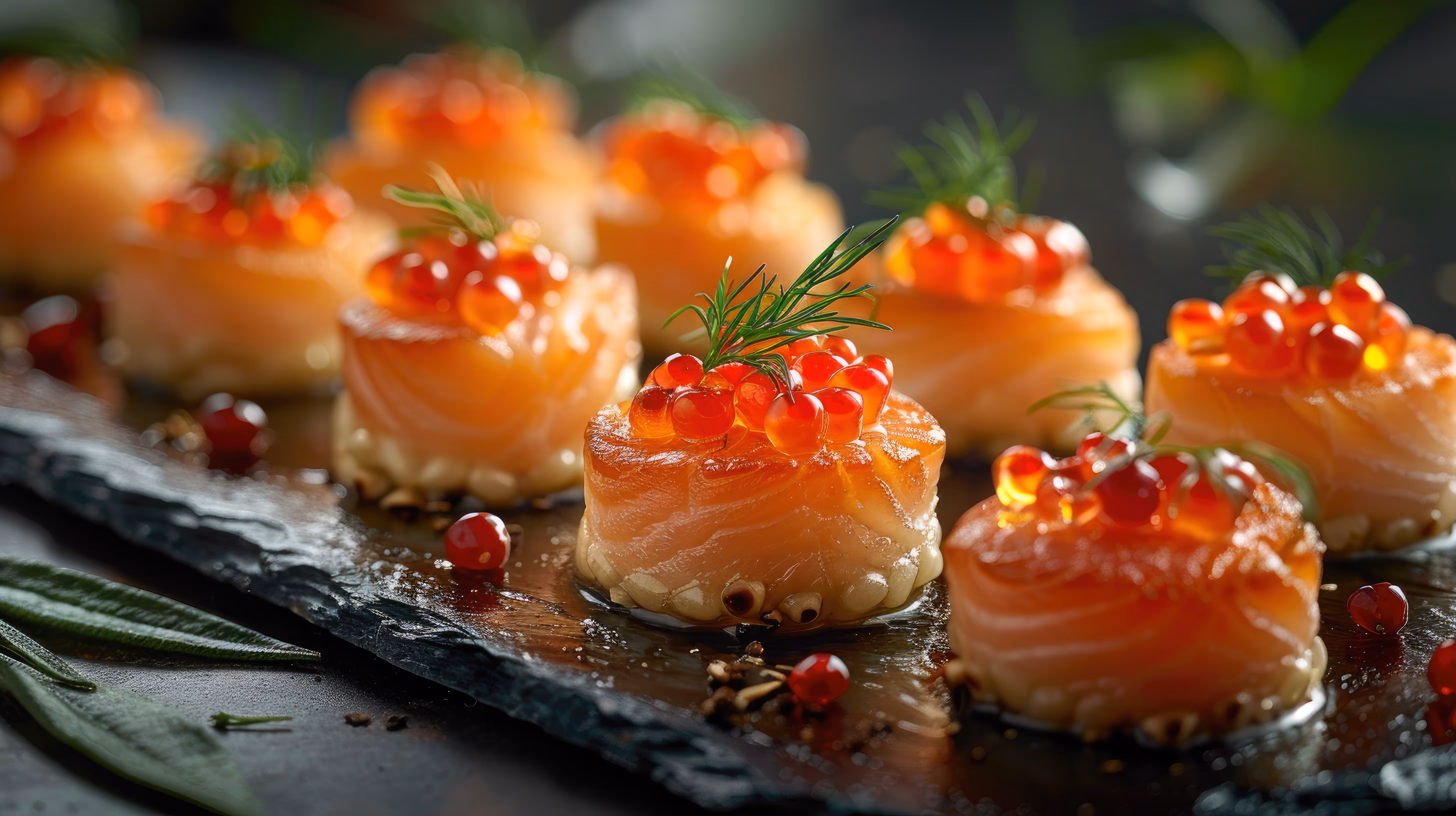Smoked salmon with caviar and dill—luxury hors d’oeuvre by Exquisite Delites, Atlanta.