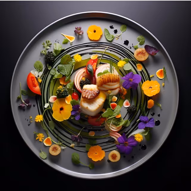 Artfully plated scallops with edible flowers by Exquisite Delites, Atlanta weddings.