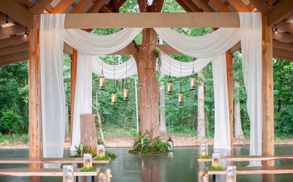 Mulberry Chapel open-air GA wedding chapel in nature, with Exquisite Delites catering.