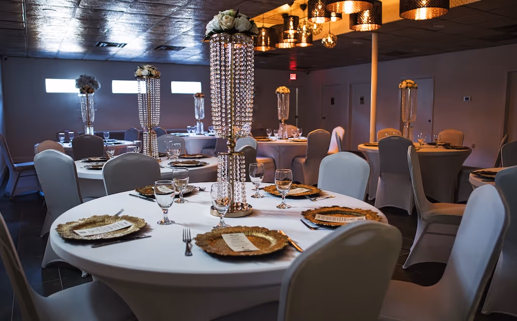 Signature venue with modern décor and chandeliers by Exquisite Delites, Atlanta events.