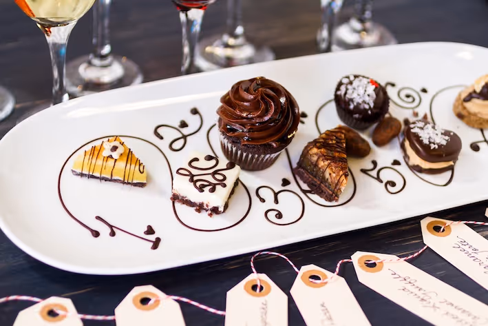 Elegant dessert tasting platter with assorted gourmet sweets prepared by Exquisite Delites, highlighting wedding catering options for couples creating their tasting checklist.