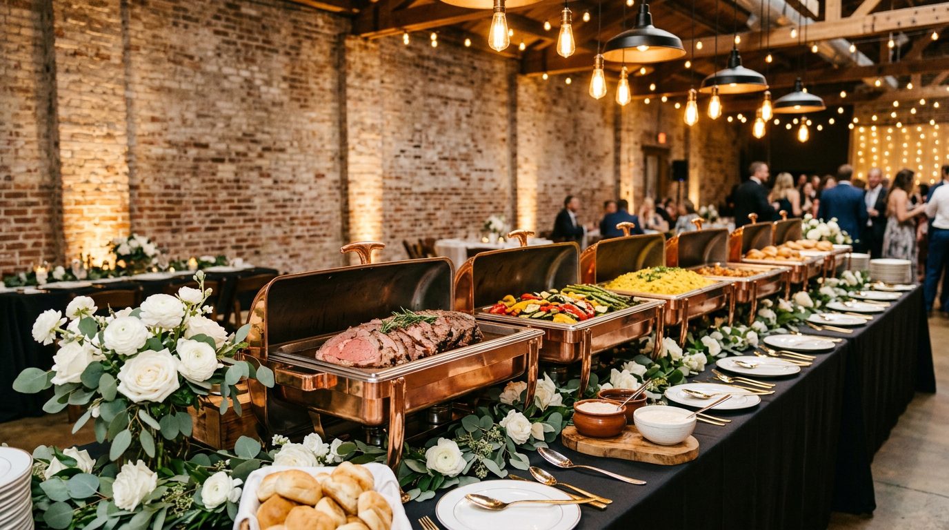 Wedding buffet station with multiple food options at an Atlanta venue