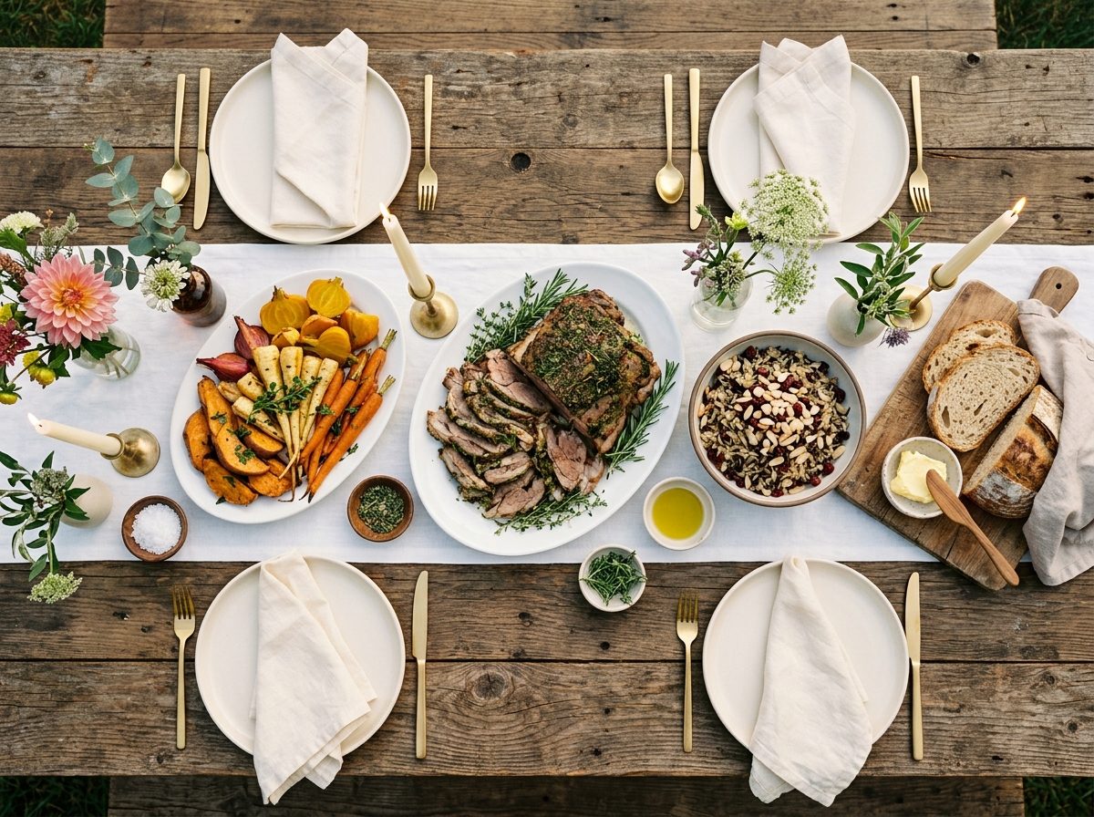 Family style wedding dinner with shared platters on a long table
