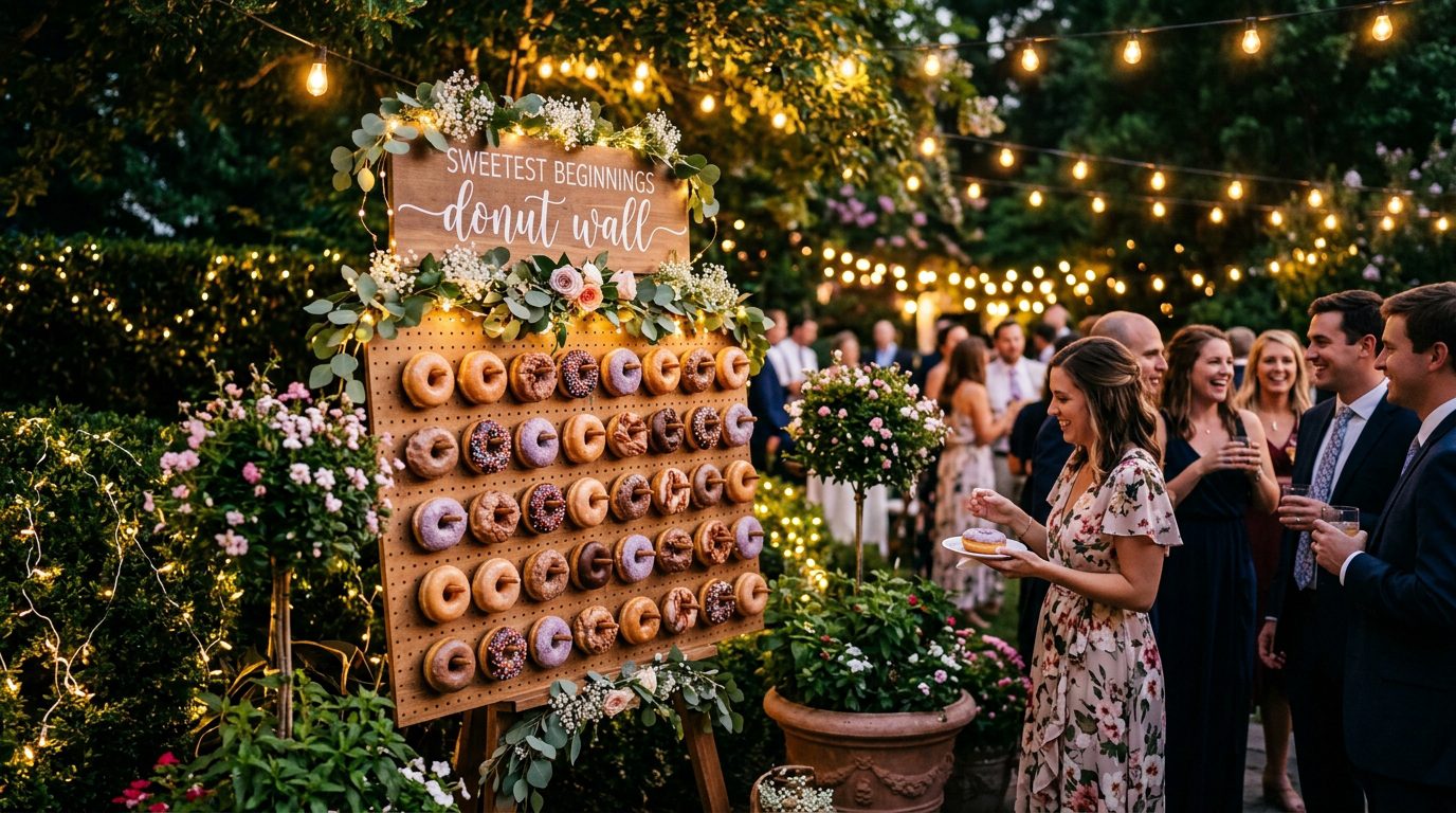 Donut wall dessert bar at an Atlanta wedding reception