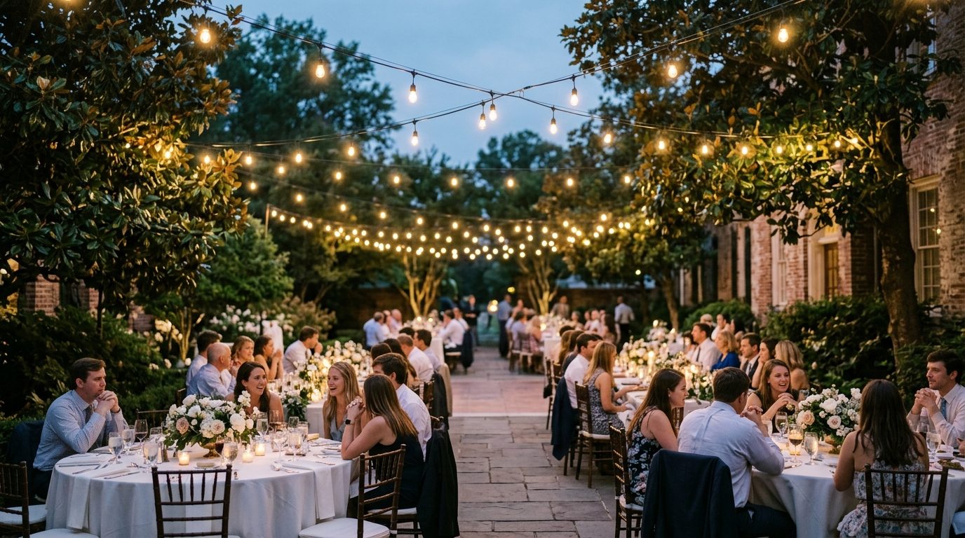 Outdoor catered reception in Atlanta with string lights and evening ambiance