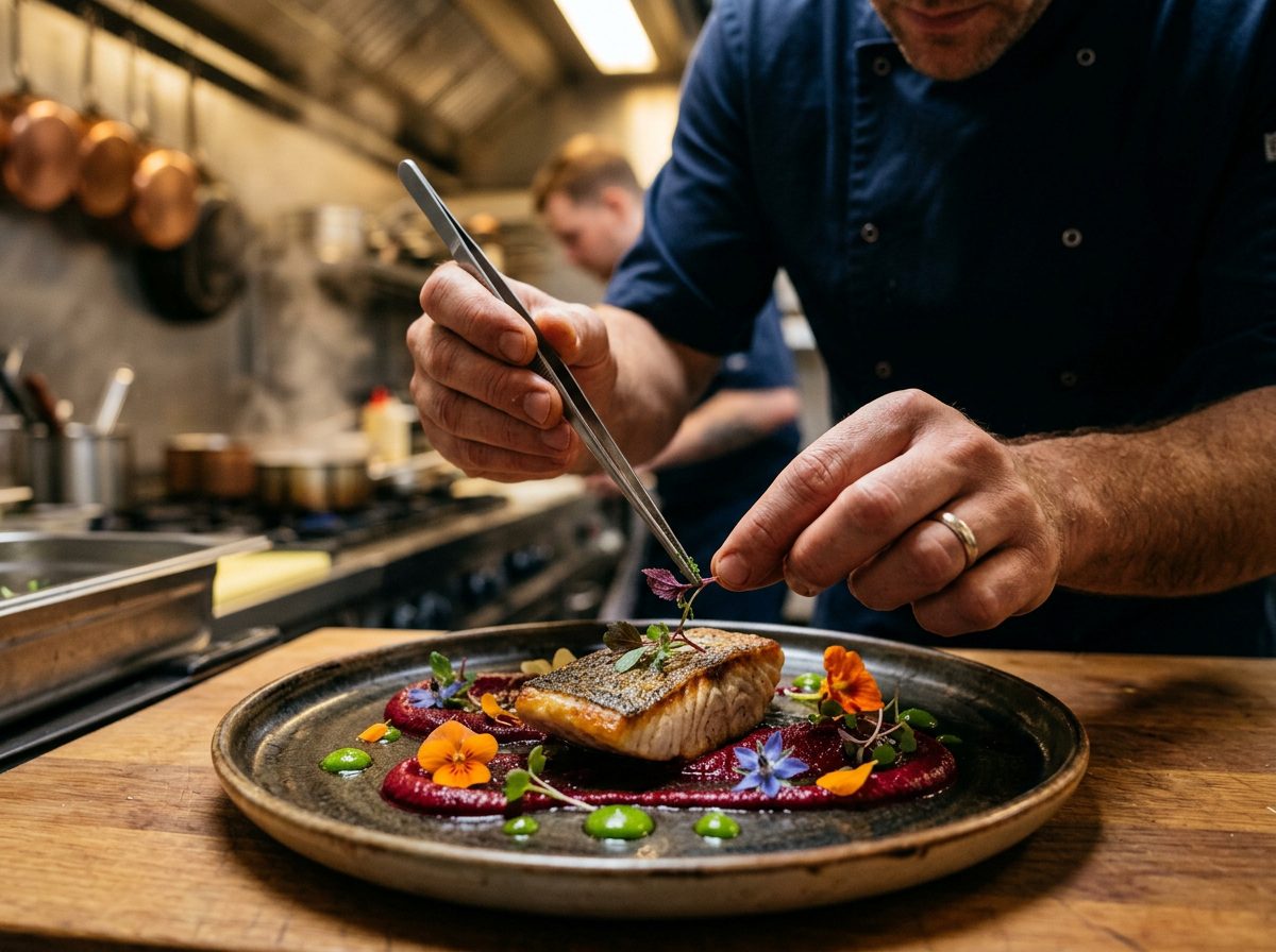 Atlanta caterer plating a dish with precision at a private event