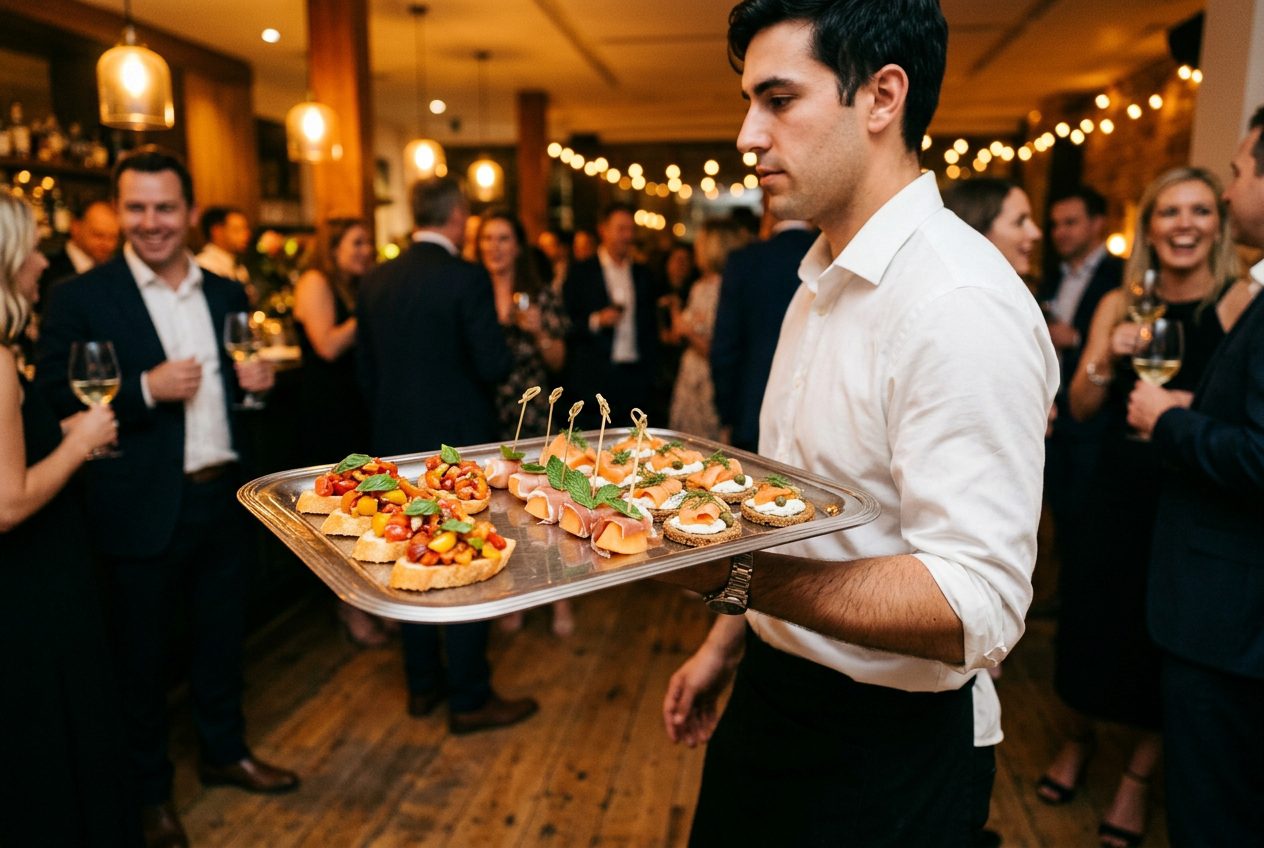 Server presenting a plated course at an Atlanta catered event