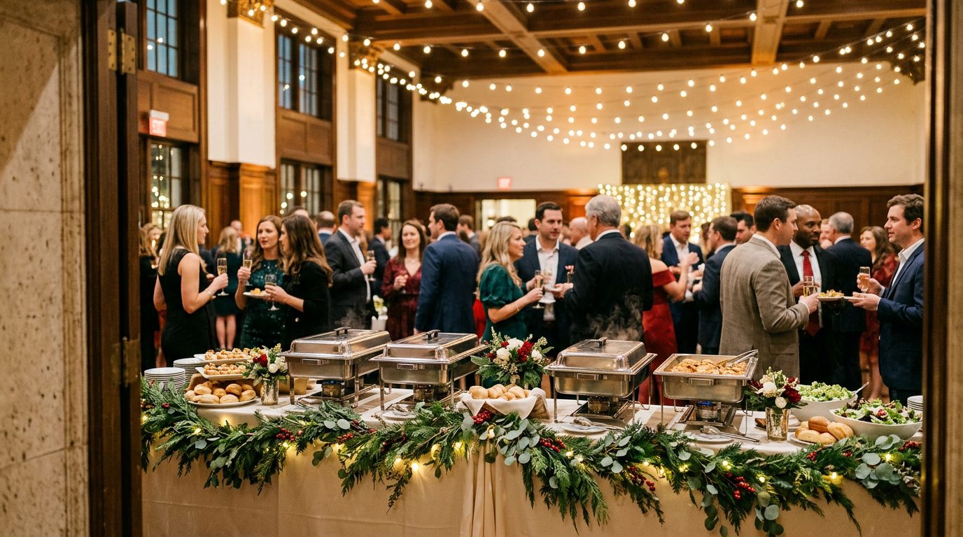 Company holiday party catering setup with festive table decor in Atlanta