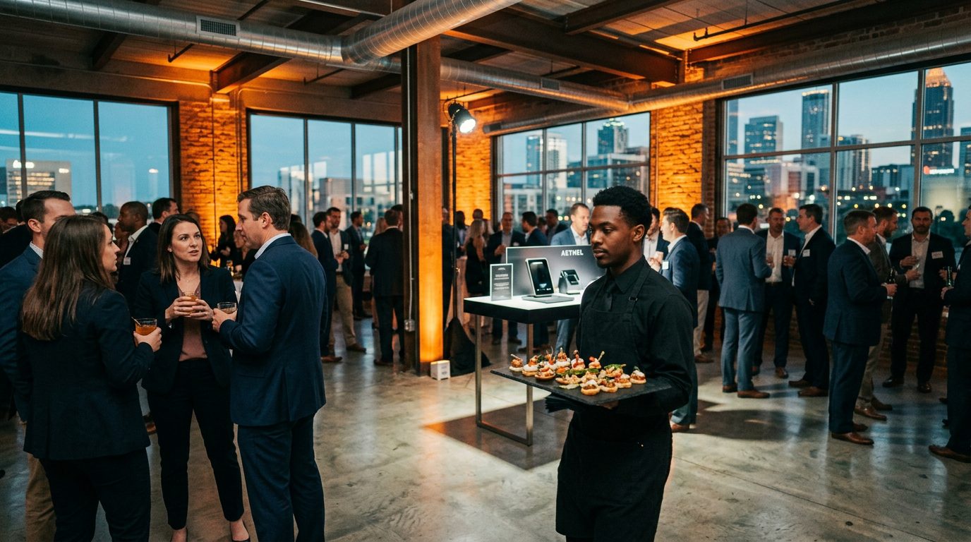 Product launch event with catered appetizers and branded displays in Atlanta